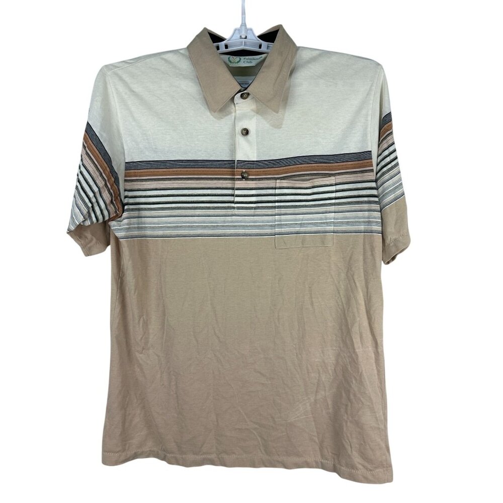 Palmland Club Men Striped Polo Shirt Short Sleeve Size Large Beige Brown